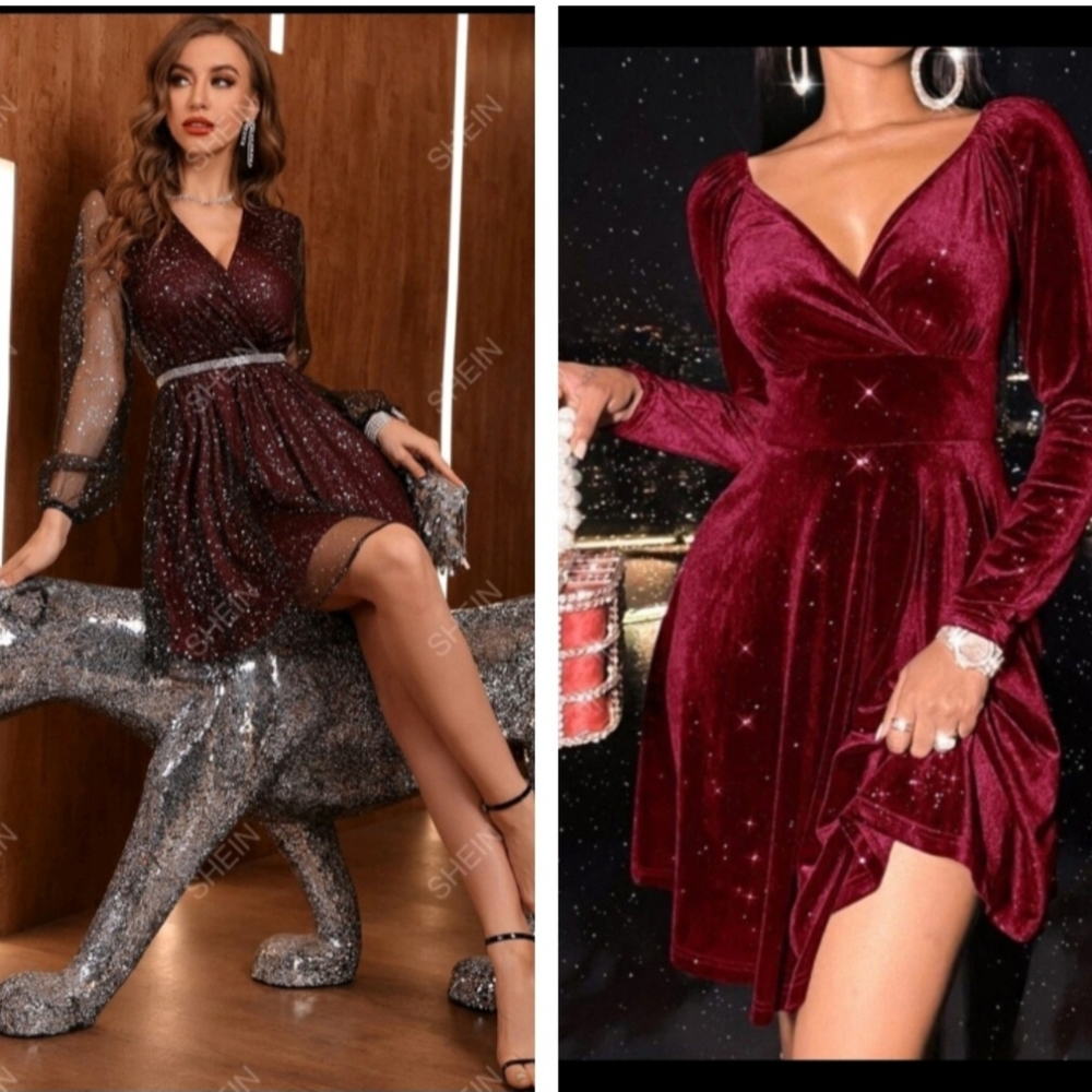 Deep Red Velvet Dress And A Glitter Sheer Dress With See Thru Sleeves